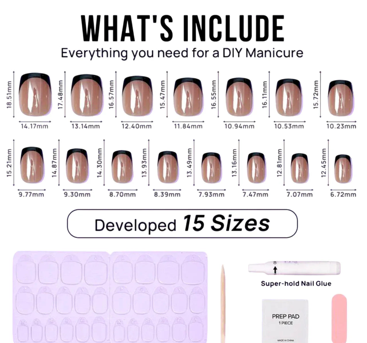 DIY manicure kit with 15 sizes of nude nails featuring black tips, nail glue, prep pad, and wooden stick.