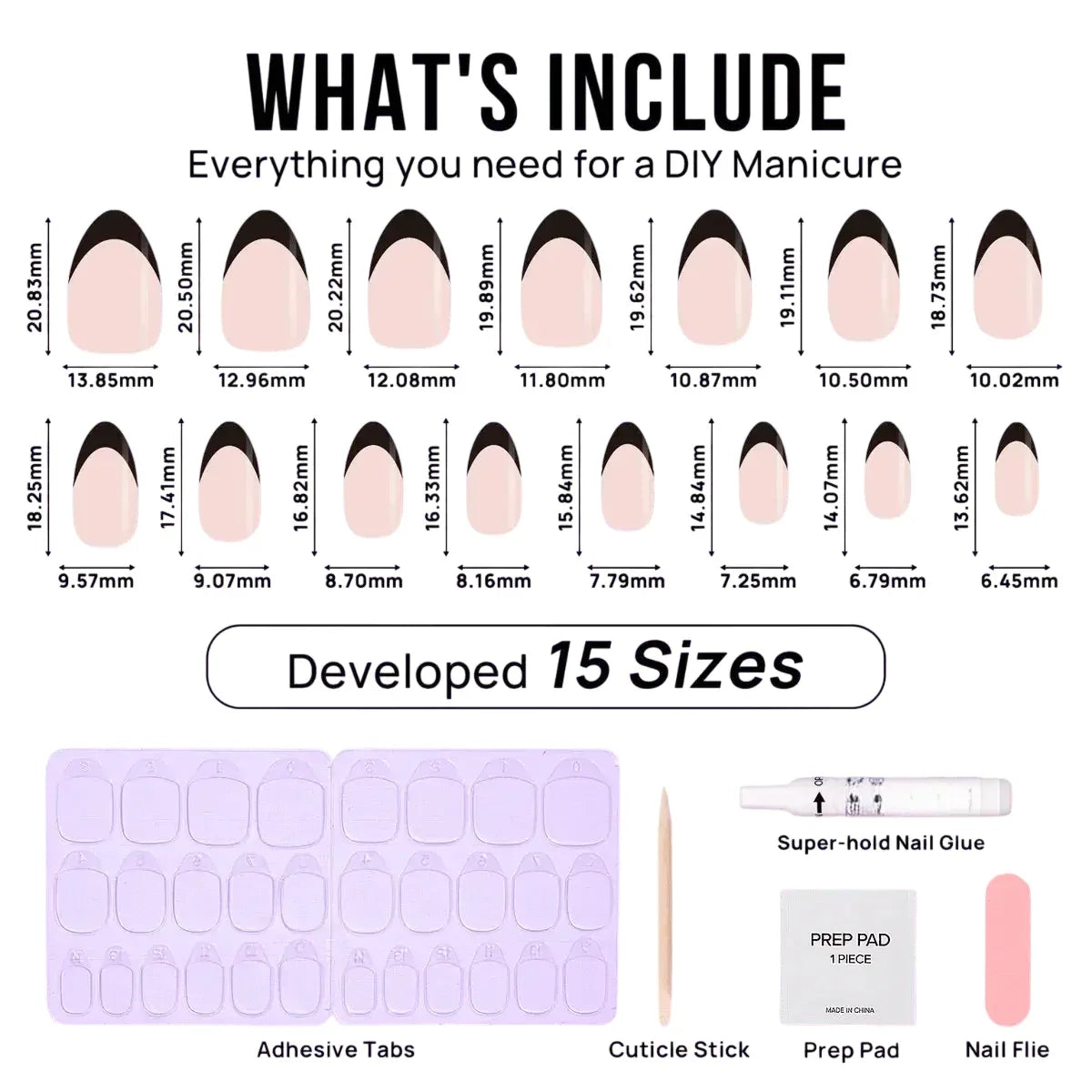 DIY manicure kit with 15 artificial nail sizes, adhesive tabs, nail glue, prep pad, nail file, and cuticle stick.