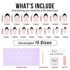 DIY manicure kit with 15 artificial nail sizes, adhesive tabs, nail glue, prep pad, nail file, and cuticle stick.