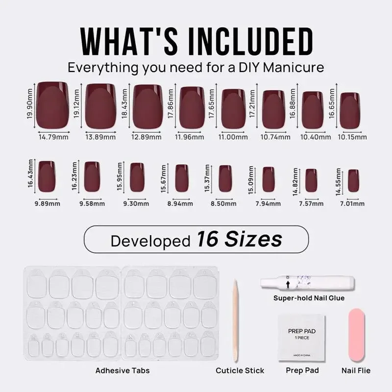 DIY manicure kit with 16 sizes of burgundy false nails, adhesive tabs, cuticle stick, prep pad, and nail file.