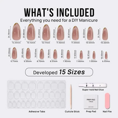 DIY manicure kit with 15 sizes of fake nails in natural pink, includes nail glue, files, and prep tools.