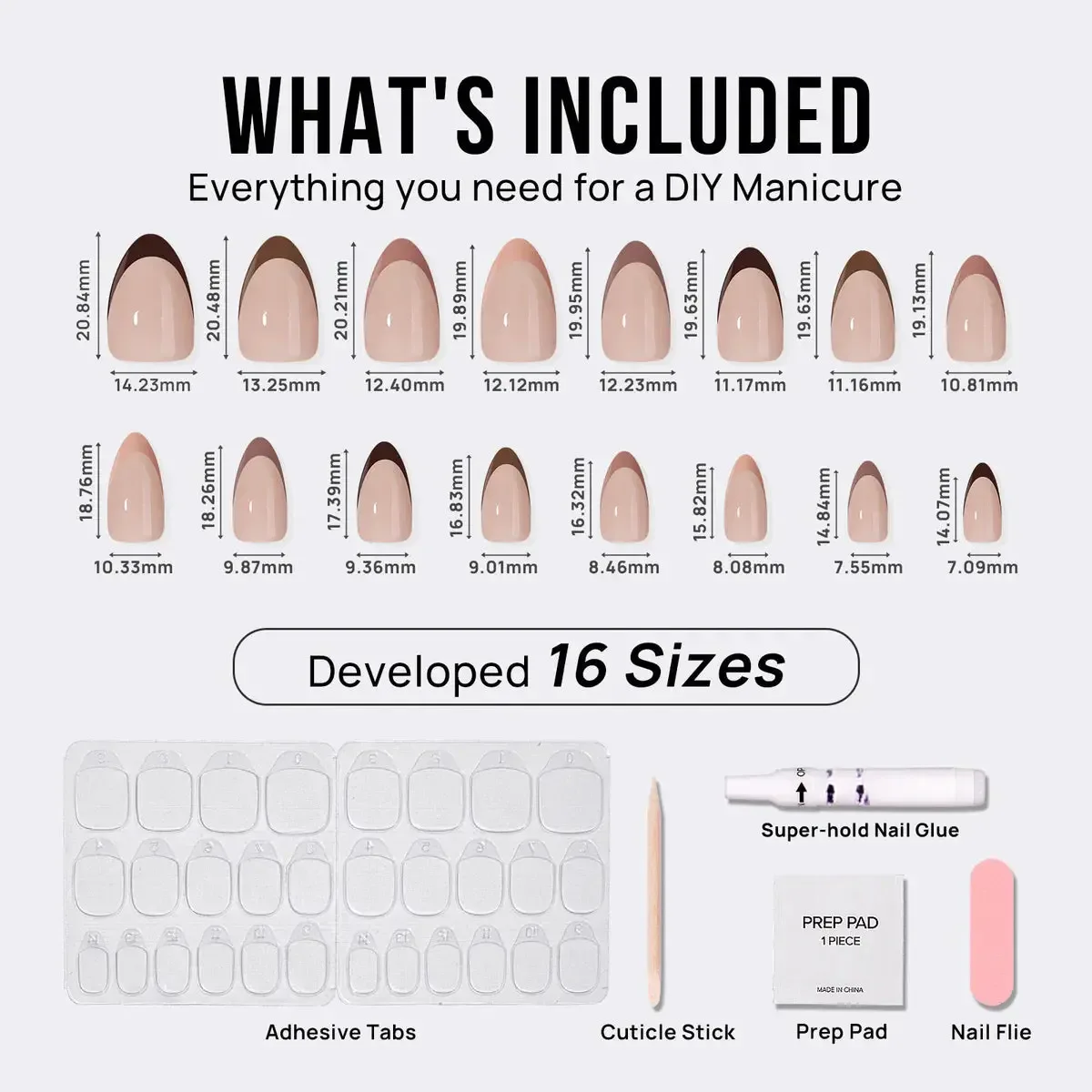DIY manicure kit with 16 sizes of nude false nails, adhesive tabs, nail glue, cuticle stick, prep pad, and nail file.