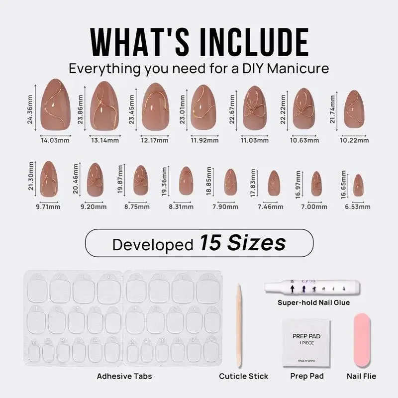 DIY manicure kit with 15 sizes of nude false nails, adhesive tabs, cuticle stick, nail file, and glue.