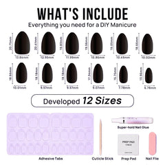 DIY manicure kit with 12 black press-on nail sizes, adhesive tabs, cuticle stick, nail glue, and nail file.