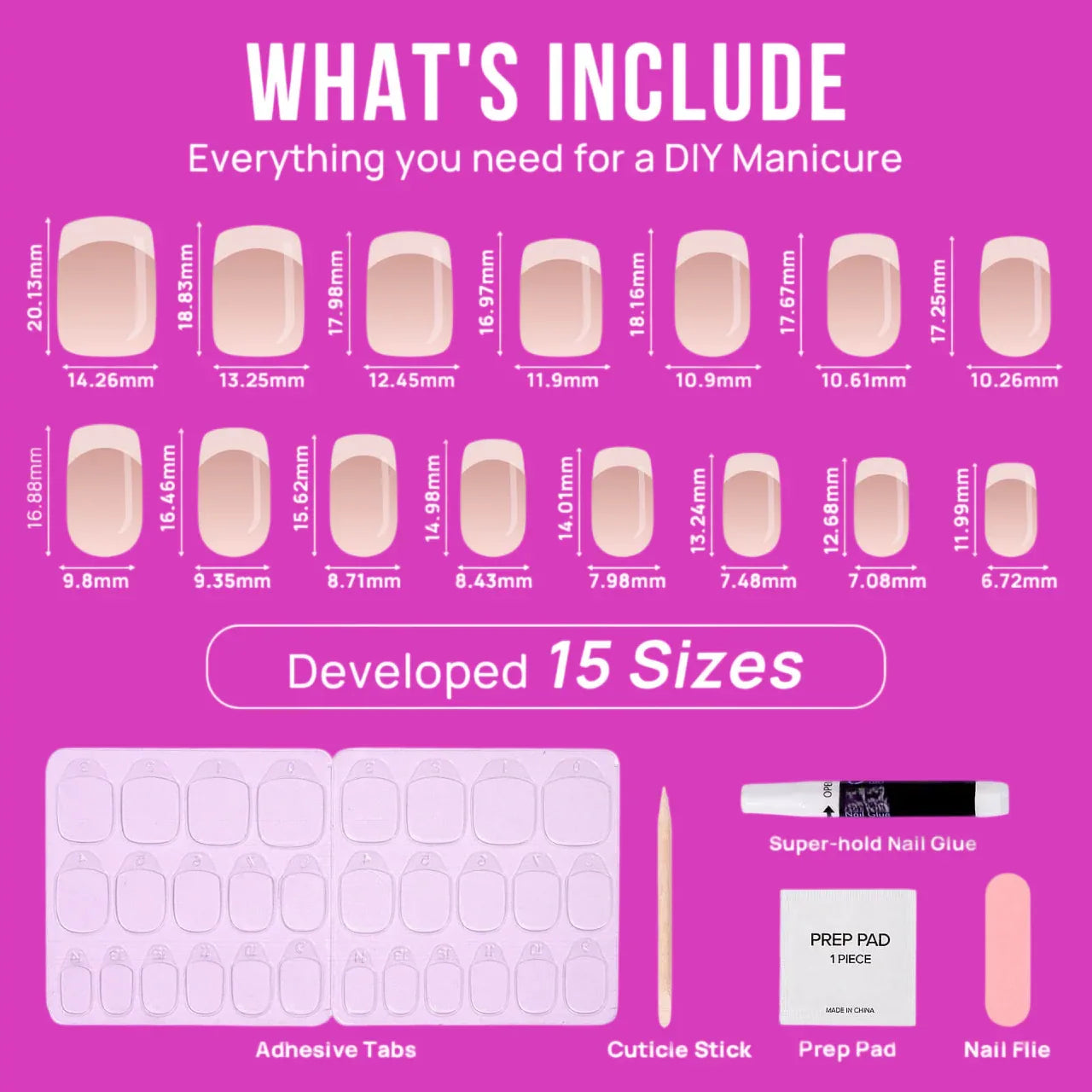 DIY manicure kit with 15 sizes of nude press-on nails and essential tools including adhesive tabs and cuticle stick