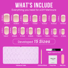 DIY manicure kit with 15 sizes of nude press-on nails and essential tools including adhesive tabs and cuticle stick
