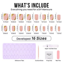 16 size DIY manicure kit with adhesive tabs, cuticle stick, nail glue, prep pad, and nail file.