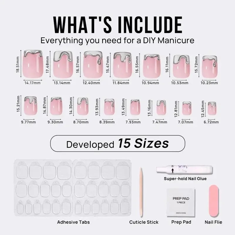 DIY manicure kit with 15 sizes of pink false nails, adhesive tabs, nail glue, and manicure tools included.
