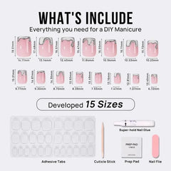 DIY manicure kit with 15 sizes of pink false nails, adhesive tabs, nail glue, and manicure tools included.