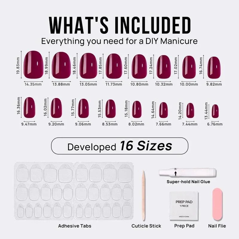 DIY manicure kit with 16 sizes of burgundy false nails, adhesive tabs, glue, and tools included.