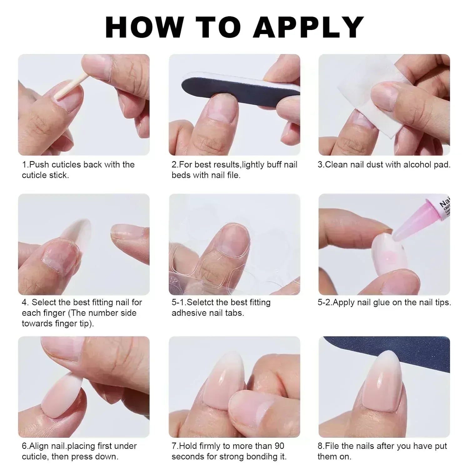 Step-by-step guide for applying false nails, featuring clear visuals for easy application.