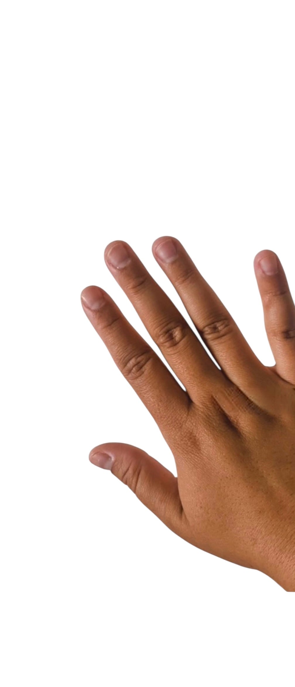 Hand with fingers extended on a white background