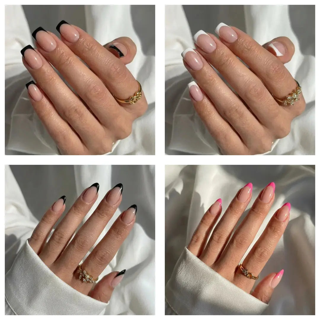 Colorful press-on nails set with glossy nude, black, pink, and gold accents for everyday style