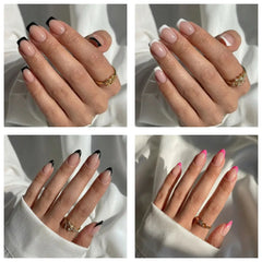 Colorful press-on nails set with glossy nude, black, pink, and gold accents for everyday style