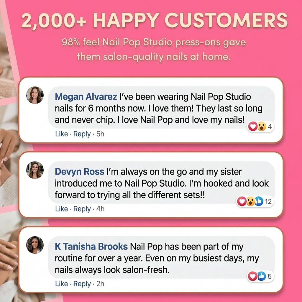 Reviews of Nail Pop Studio press-ons with a pink background
