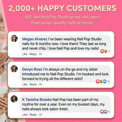 Reviews of Nail Pop Studio press-ons with a pink background