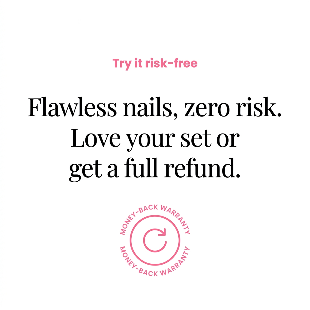Advertisement for nail product with text 'Flawless nails, zero risk. Love your set or get a full refund.