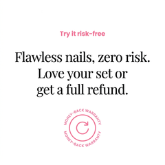 Advertisement for nail product with text 'Flawless nails, zero risk. Love your set or get a full refund.