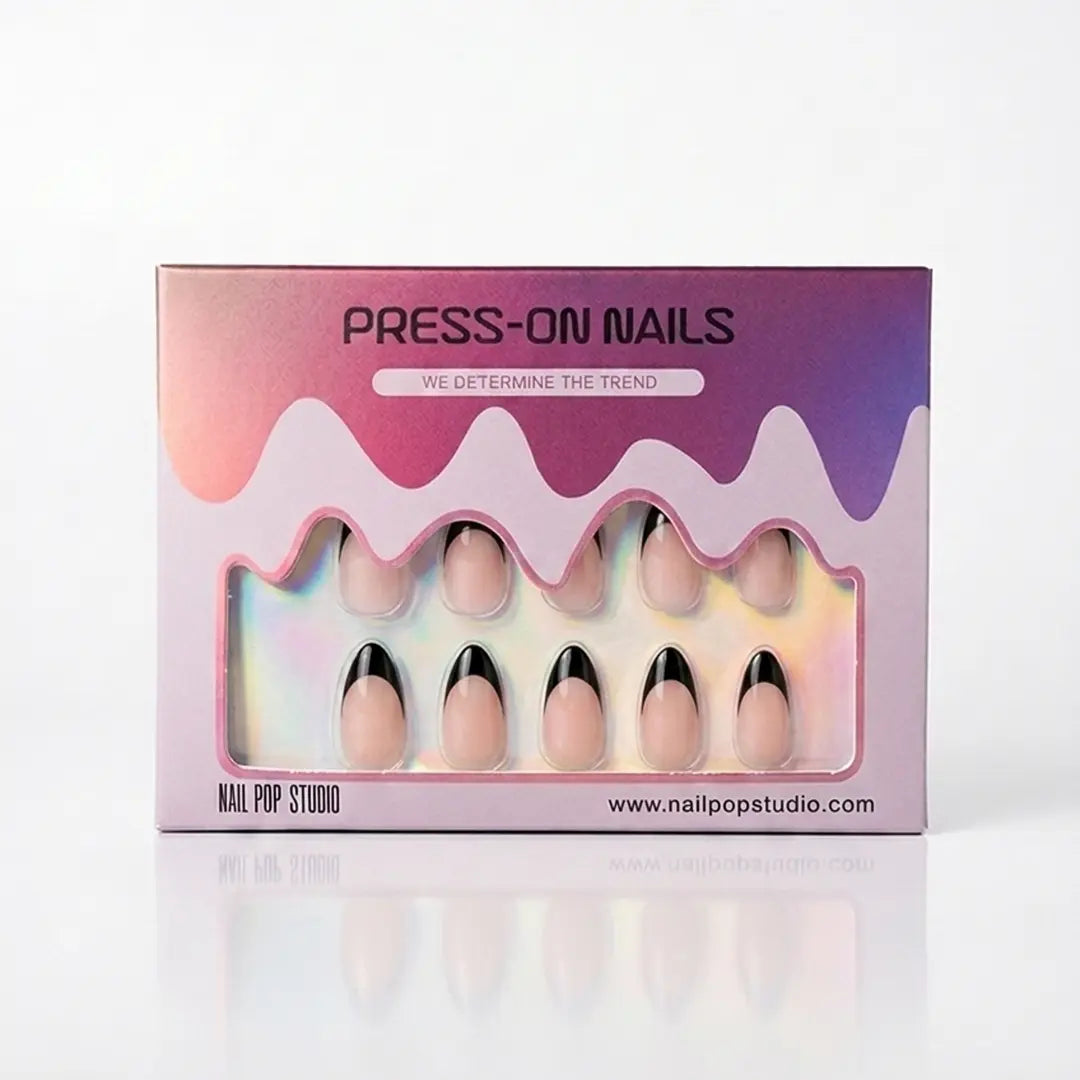 Black French Almond Nails - Press On Nails Nail Pop Studio