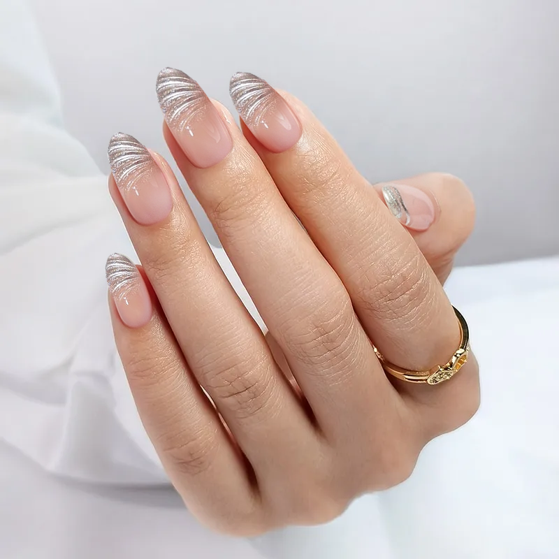 Silver Swirl Almond Nails - Press On Nails | Long Lasting & Reusable Nail Pop Studio
