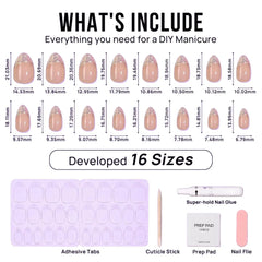 DIY manicure kit with 16 sizes of nude press-on nails, adhesive tabs, cuticle stick, glue, prep pad, and nail file.