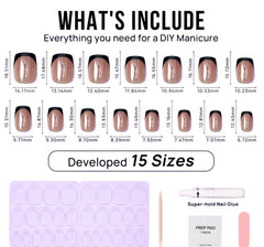 DIY manicure kit with 15 sizes of nude nails featuring black tips, nail glue, prep pad, and wooden stick.