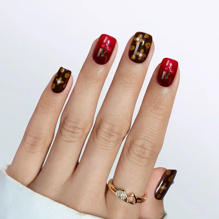 Cherry Mocha Square Nails - Press On Nails