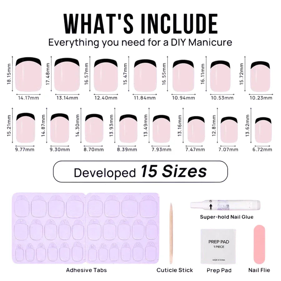 DIY manicure kit with 15 sizes of nude press-on nails, adhesive tabs, nail glue, and cuticle stick.