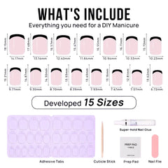 DIY manicure kit with 15 sizes of nude press-on nails, adhesive tabs, nail glue, and cuticle stick.