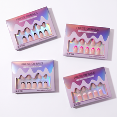 Press-on nails gift box set, iridescent pink purple packaging with glossy nude and hot pink tips